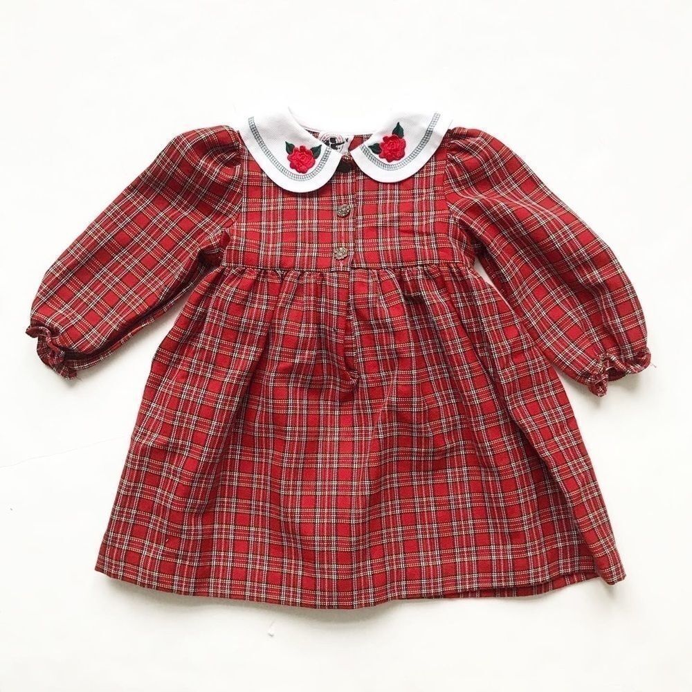 Vinatge 3T Red  Dress Good Lad of Philadelphia plaid Round Collar Rose Buttons